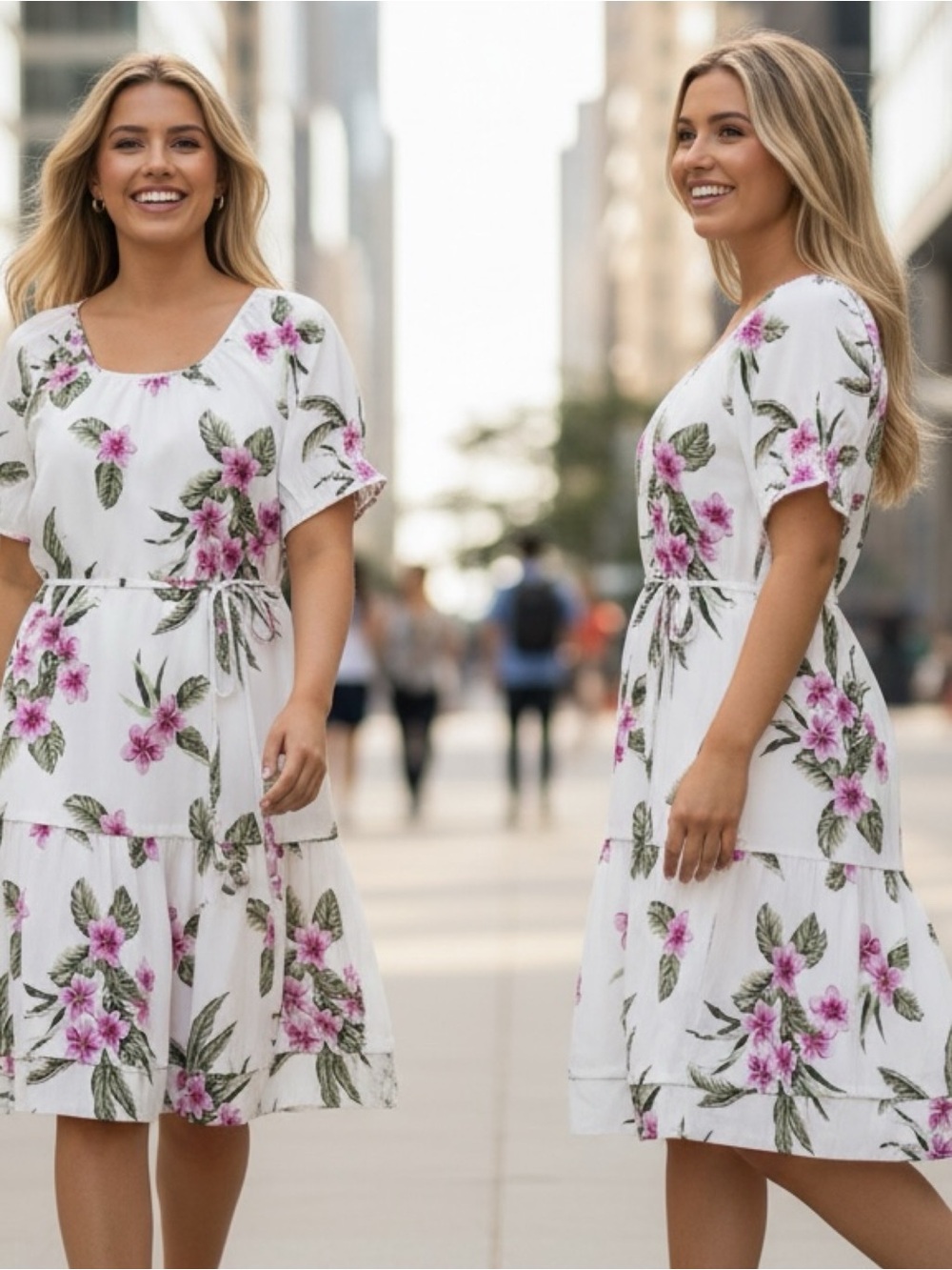 Lands end White Floral Tie-Waist Midi Dress - Pink & Green Print